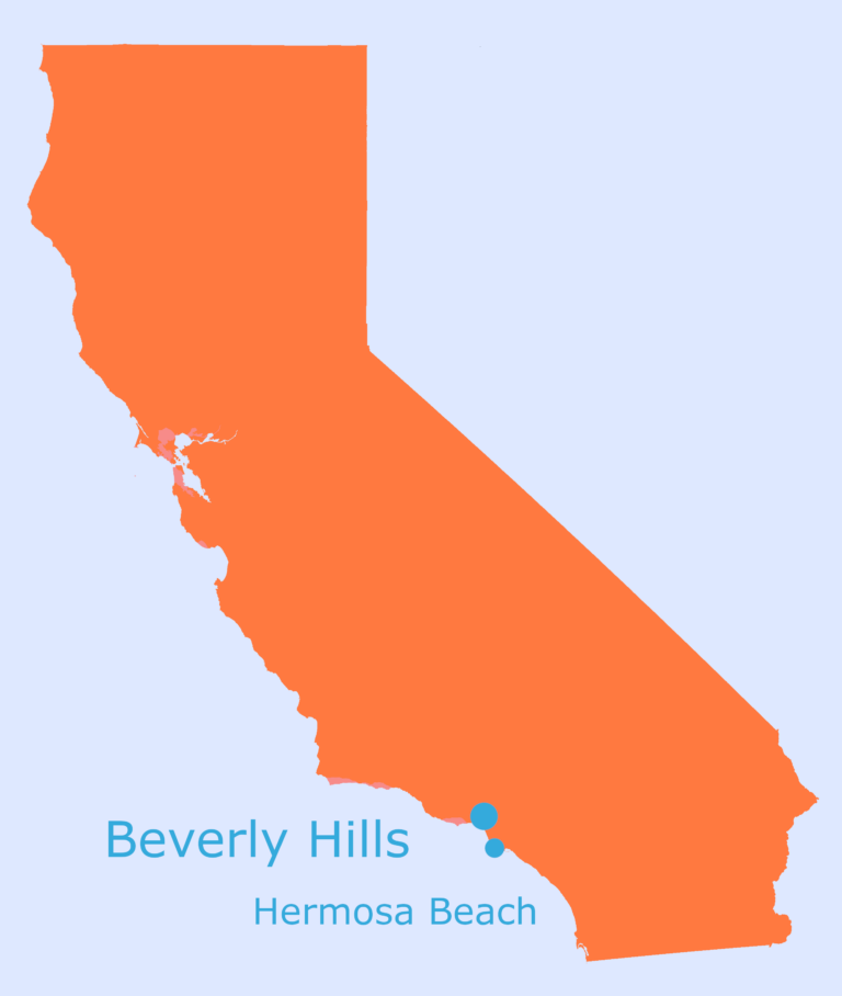 map of California with Beverly Hills and Hermosa Beach highlighted